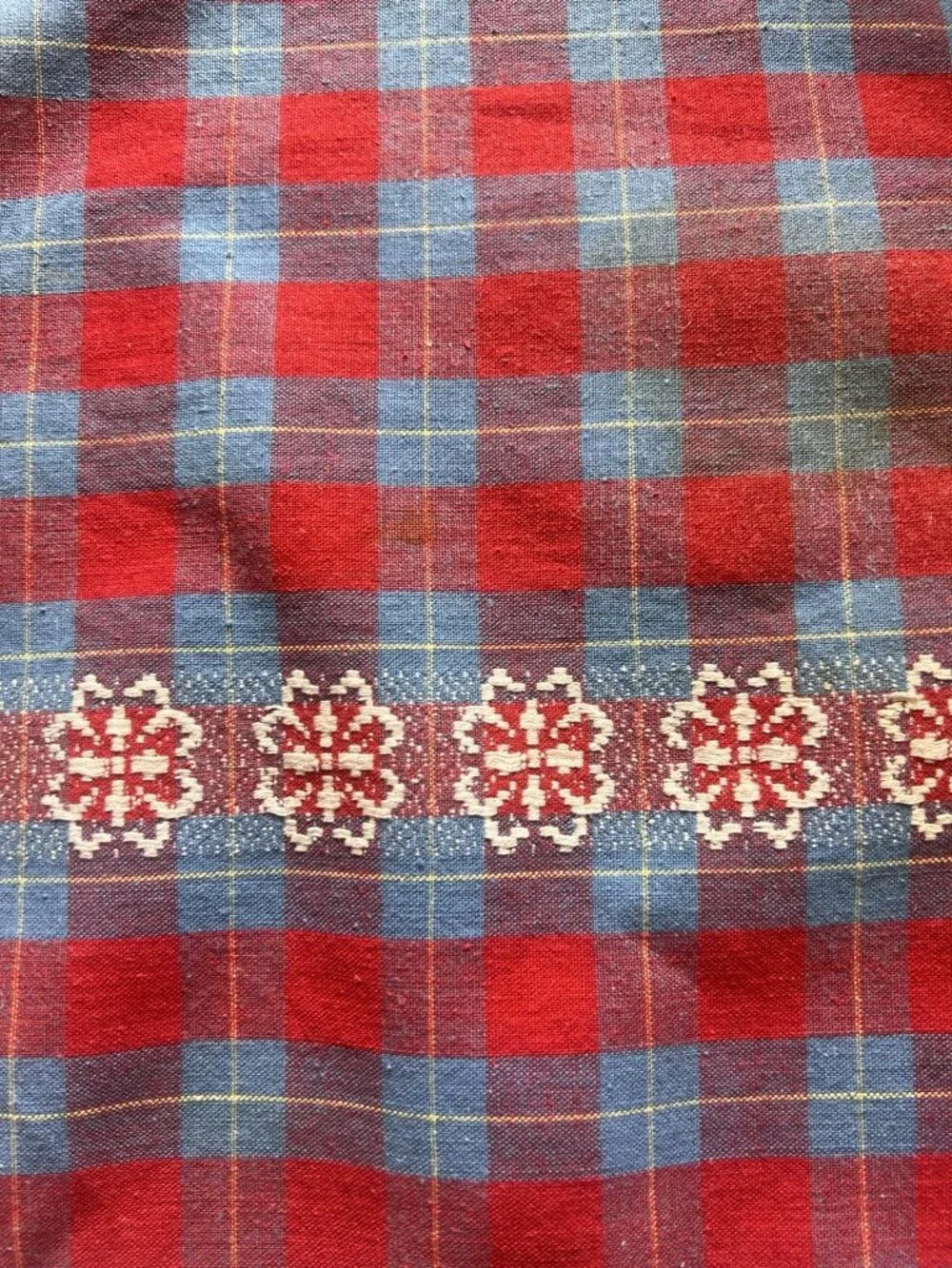 Vintage Tablecloth Red Blue Yellow 50” X 54” Checked Flower Table Linens Retro